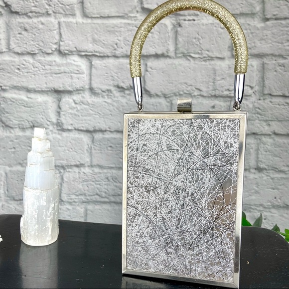 Vintage Chrome Lucite Purse Metallic Tinsel Retro 50s 60s Mod Mid-Century